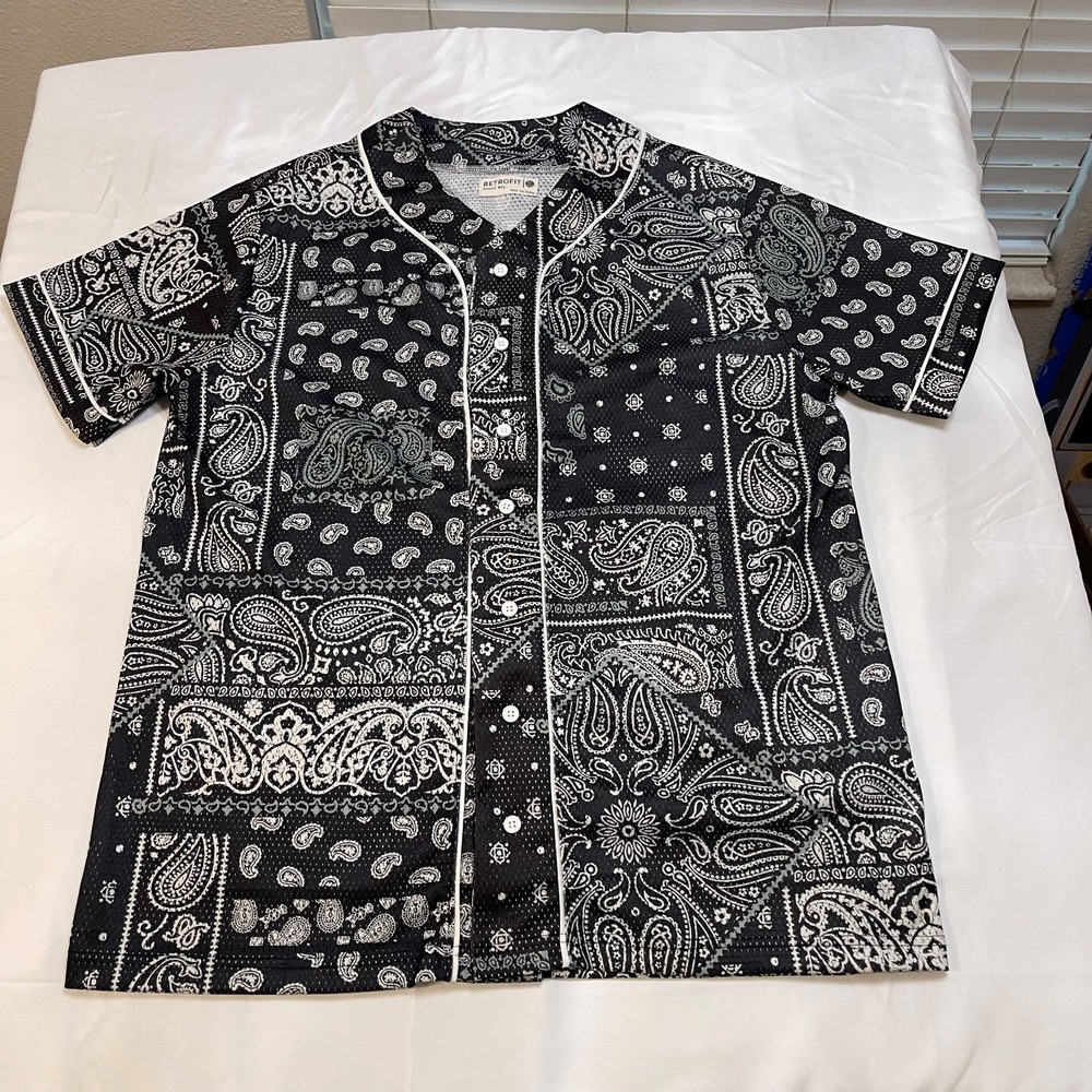 Retrofit XL Black White Paisley Mesh Baseball Jersey Button Front Shirt